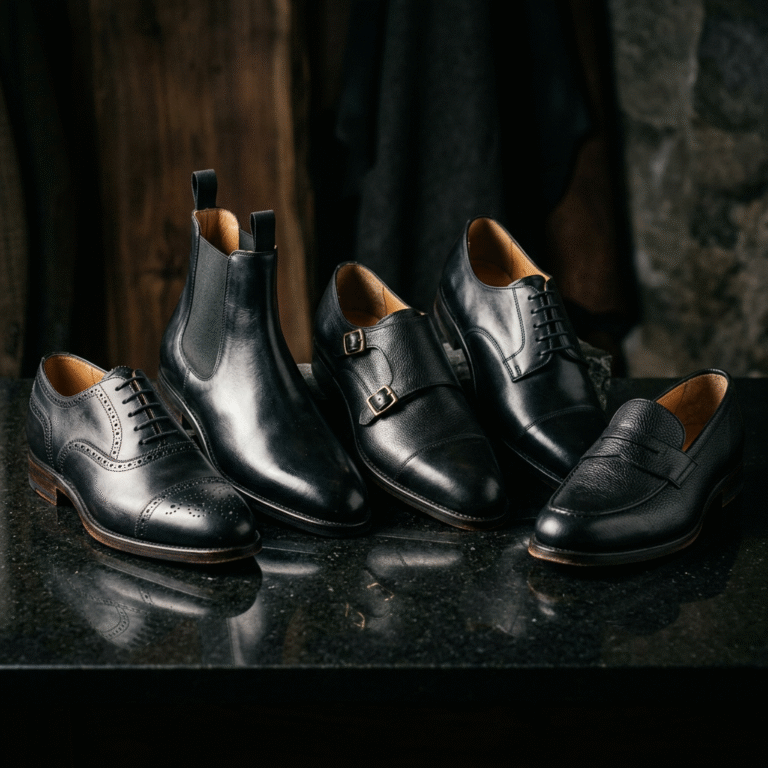 A high-fashion, cinematic shot of a variety of premium black leather shoes arranged artistically on