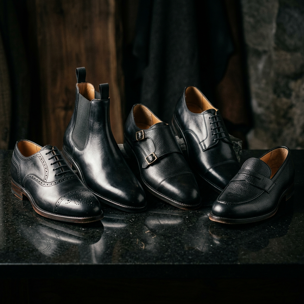 A high-fashion, cinematic shot of a variety of premium black leather shoes arranged artistically on