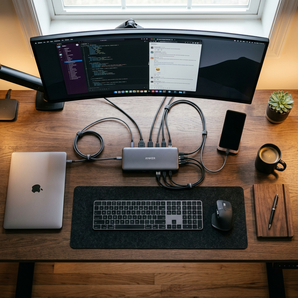 A sophisticated top-down view of a modern workstation with an Anker docking station at the center, c