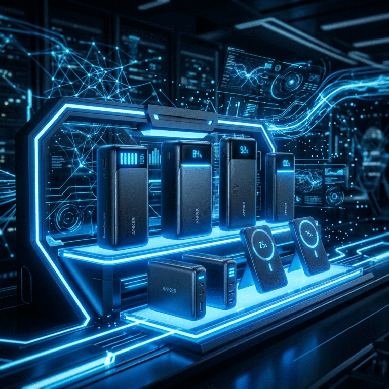 A high-tech, futuristic display of Anker power banks glowing with blue LED indicators, set against a