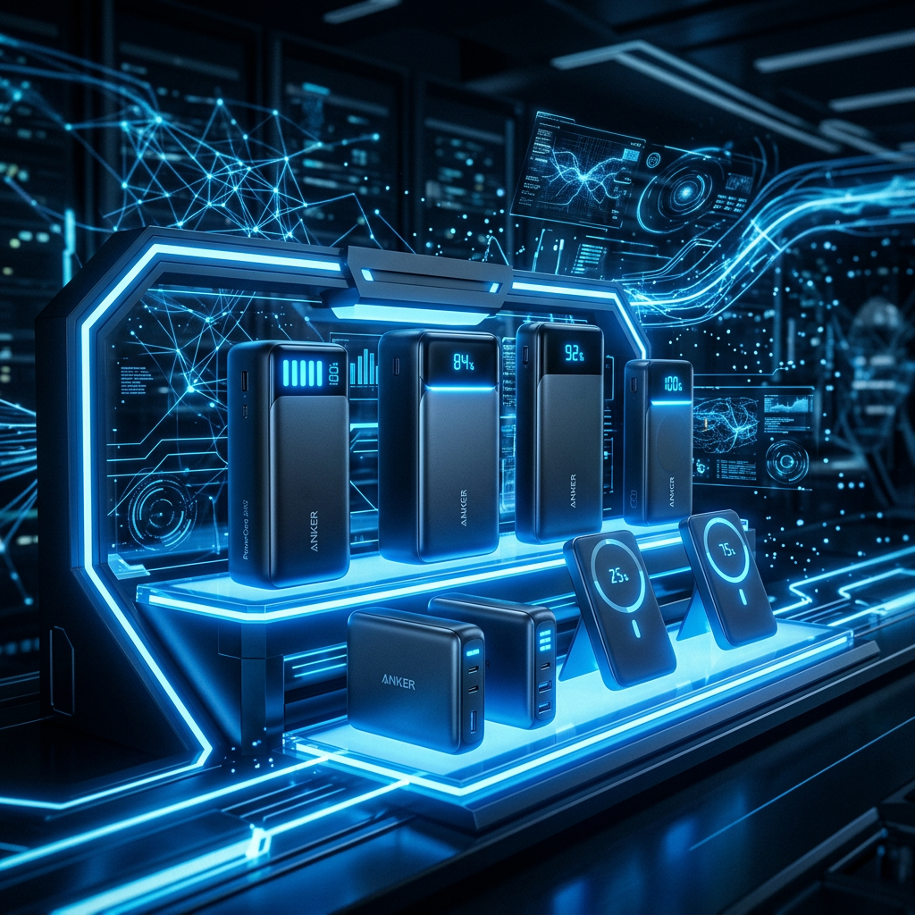 A high-tech, futuristic display of Anker power banks glowing with blue LED indicators, set against a