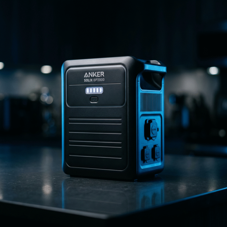 A high-end, cinematic product shot of the Anker SOLIX BP2000 expansion battery standing alone on a c