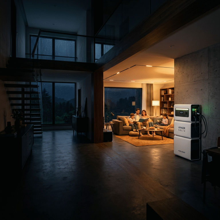 A cinematic shot of a modern home interior during a power outage, where the only lights glowing are