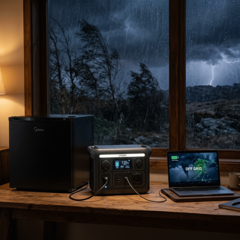 A high-end, professional product photography shot of the Anker SOLIX C2000 Gen 2 powering a mini-fri