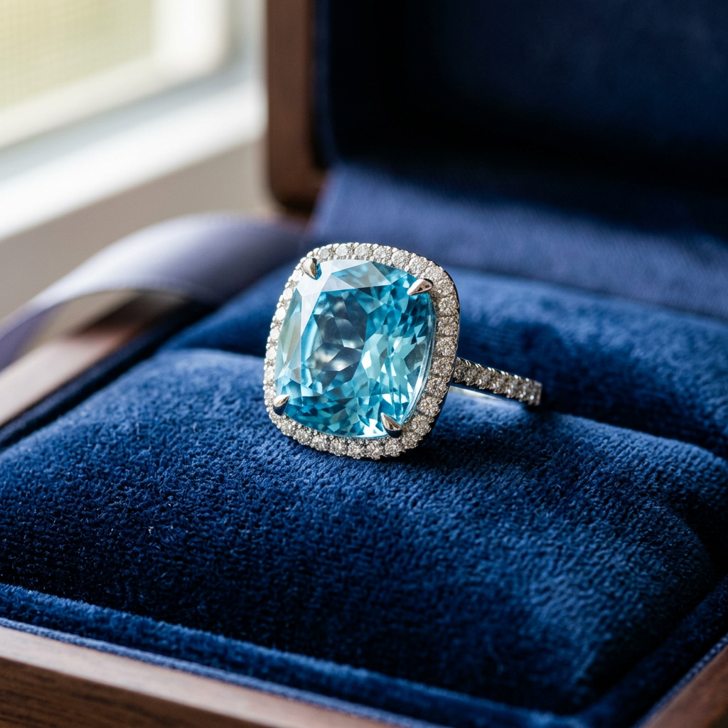 A high-resolution, cinematic shot of a luxury aquamarine ring with a large cushion-cut stone, surrou