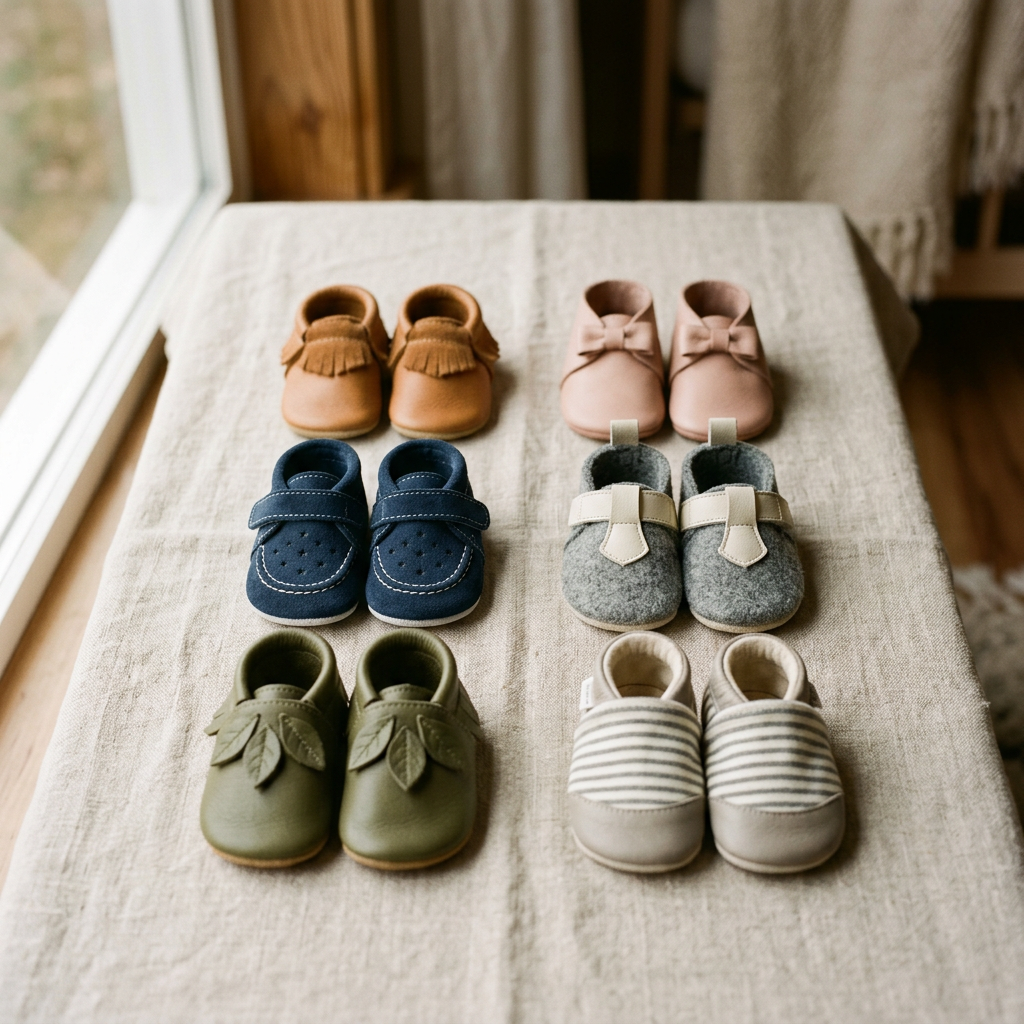 Cinematic hero shot of a variety of high-quality, soft-sole baby shoes arranged neatly on a neutral