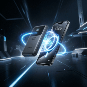 A cinematic, wide-angle shot of a premium Anker MagGo power bank magnetically attached to a high-end