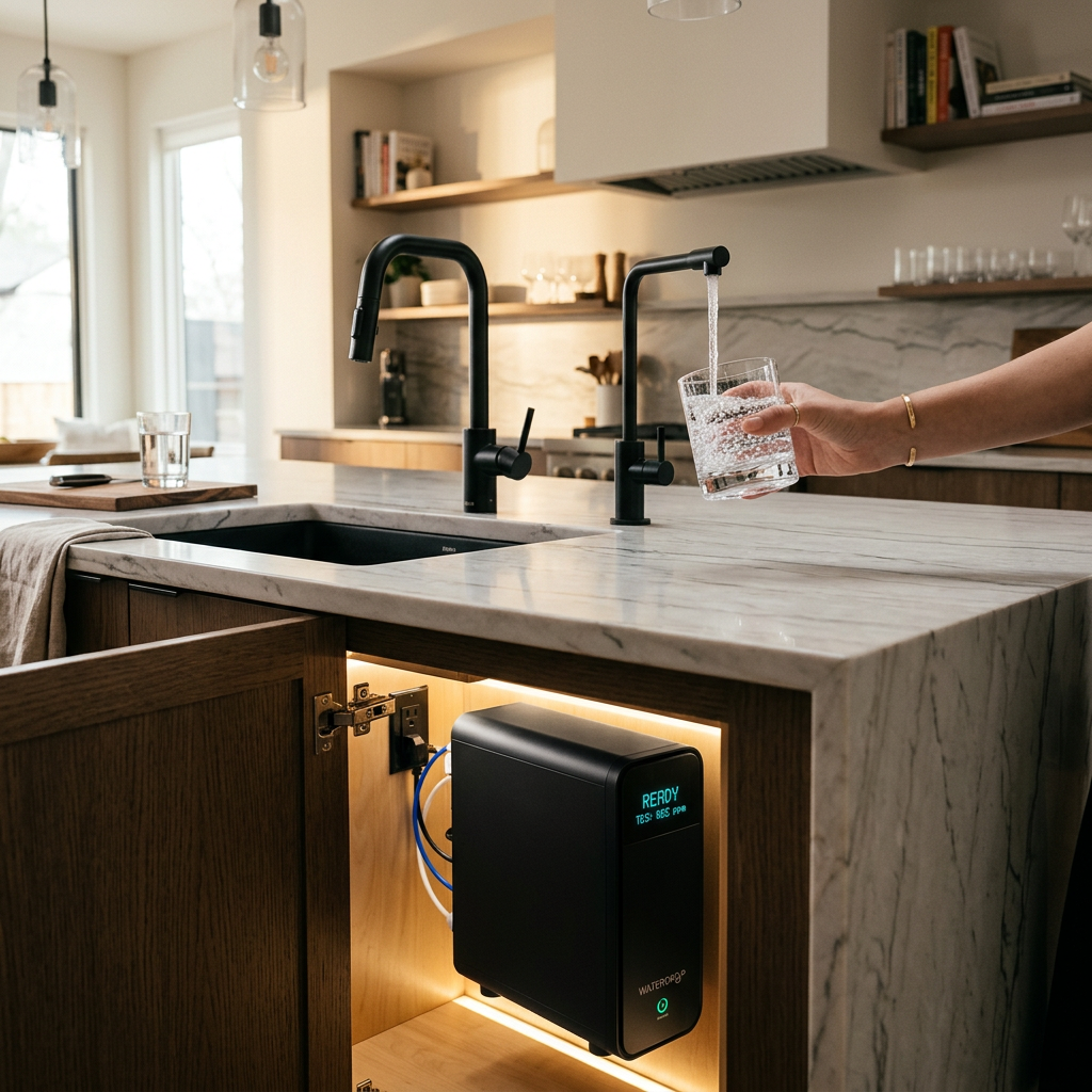 A high-end, cinematic shot of a modern kitchen island featuring a sleek, black tankless reverse osmo