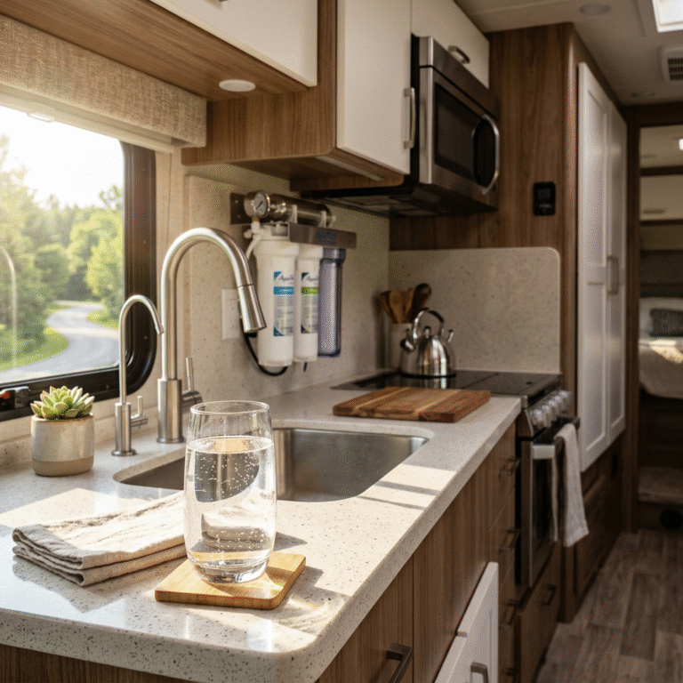 A cinematic shot of a modern RV kitchen with a glass of sparkling clear water on the counter, soft m