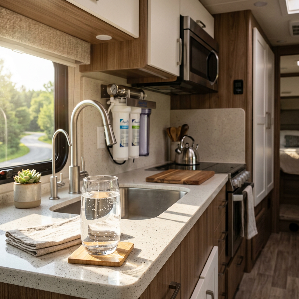 A cinematic shot of a modern RV kitchen with a glass of sparkling clear water on the counter, soft m