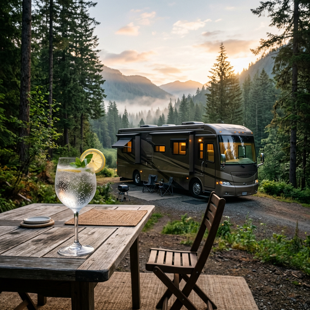 Cinematic shot of a luxury RV parked in a scenic forest at dawn, with a focus on a glass of sparklin