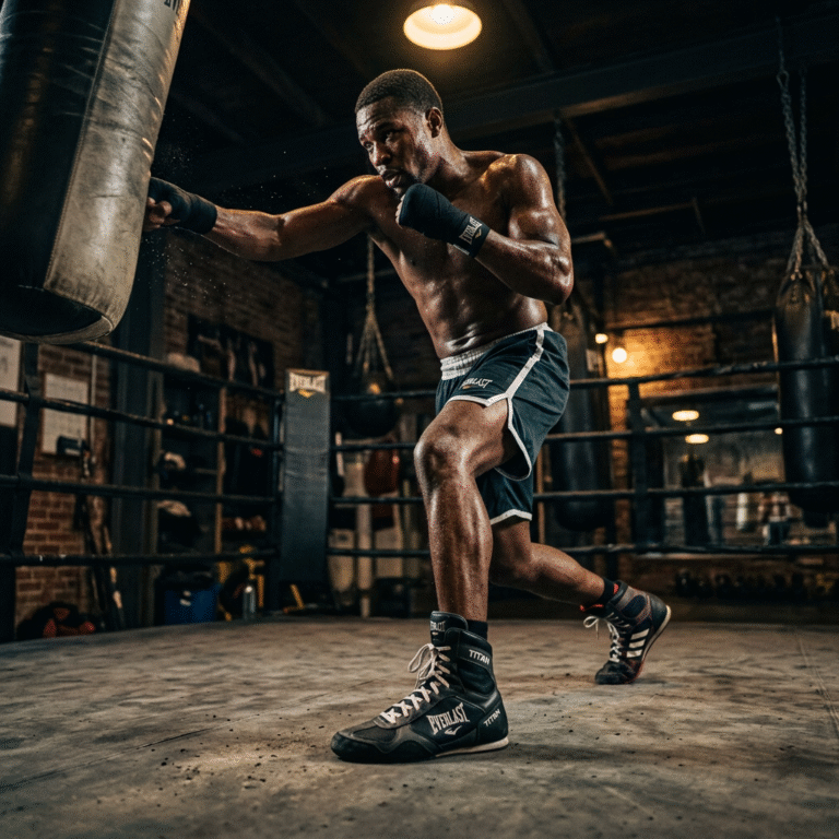 A professional boxer in a dark gym, focused, with high-quality boxing shoes prominently featured as
