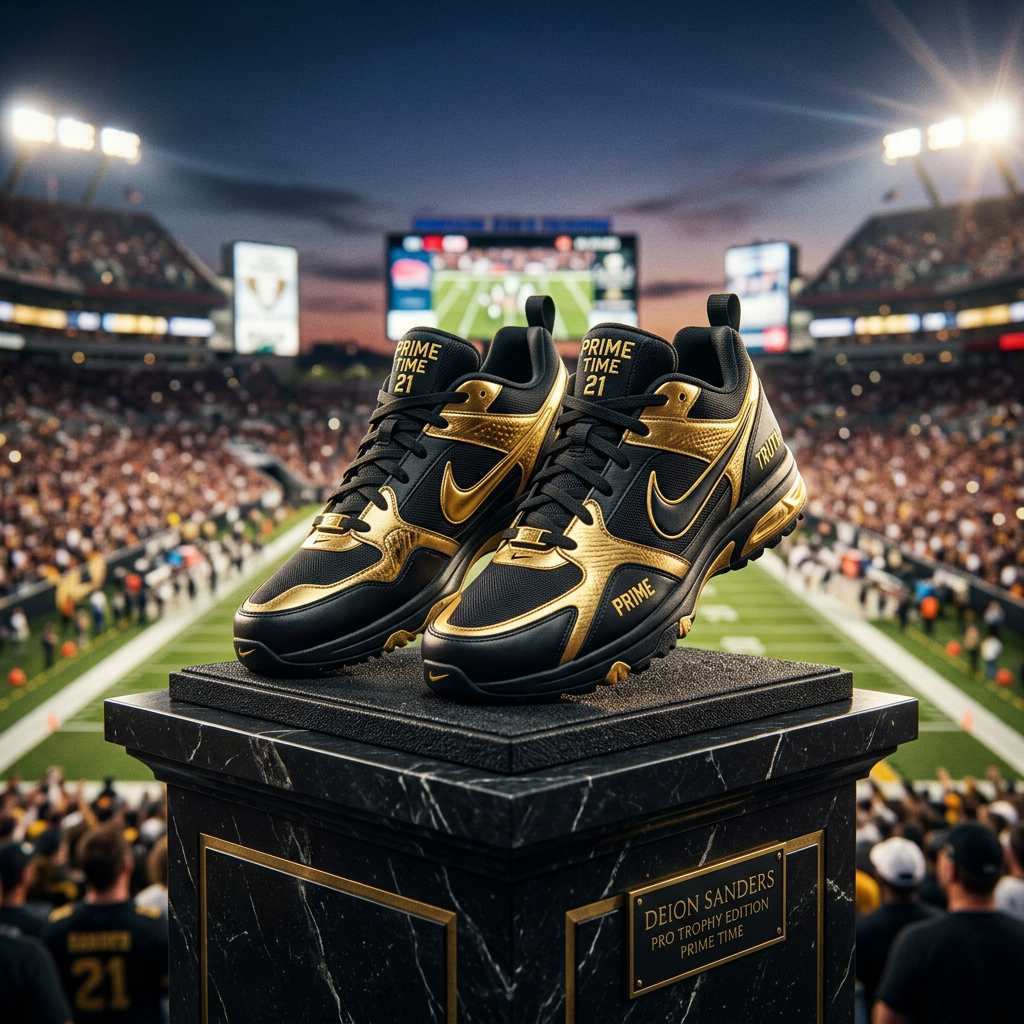 A powerful hero shot of Deion Sanders-style athletic shoes positioned on a pedestal with a blurred f