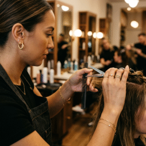 A cinematic, high-end shot of a stylish hair professional's hands and ears, highlighting elegant, du
