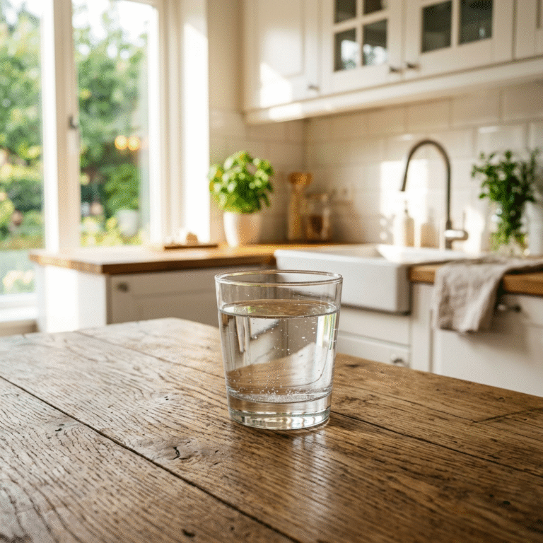 Cinematic shot of a glass of crystal clear water standing on a wooden table with a sunlit, clean kit