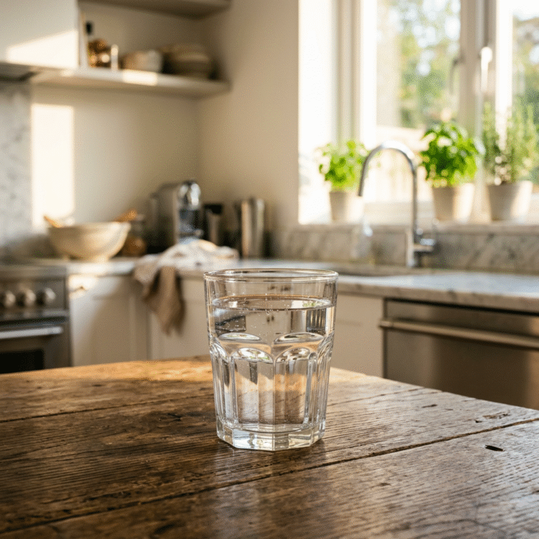 A cinematic hero image of a glass of crystal clear water sitting on a wooden table, with a soft-focu