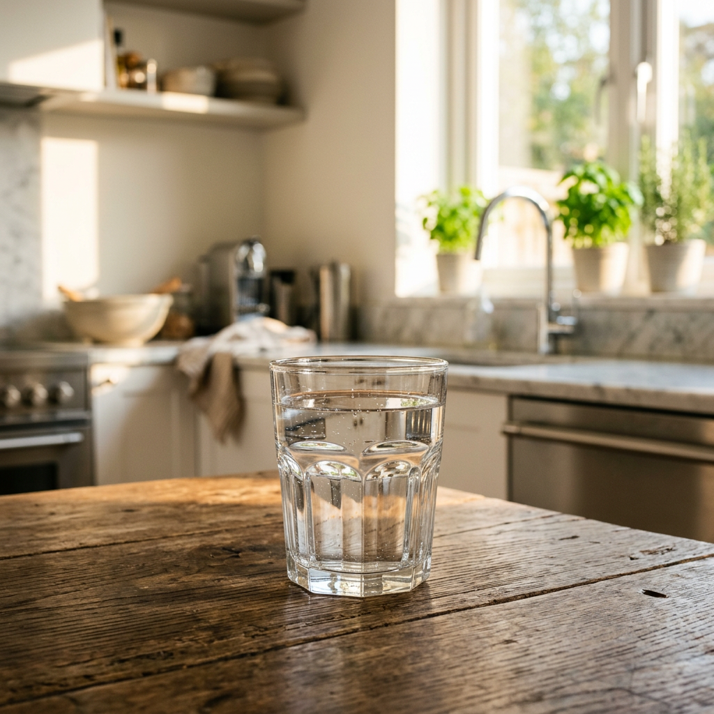 A cinematic hero image of a glass of crystal clear water sitting on a wooden table, with a soft-focu