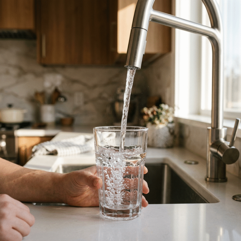 Cinematic shot of a glass of crystal clear water being poured from a modern kitchen faucet, soft sun