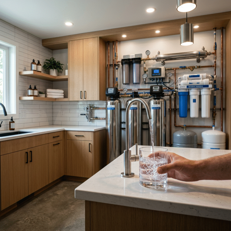 A cinematic shot of a modern home utility room featuring a professional whole-house water filtration