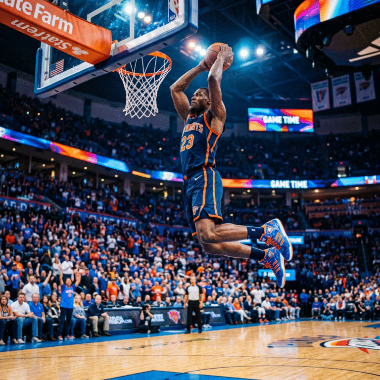 A wide-angle cinematic shot of a basketball player mid-air, wearing sleek signature sneakers, about