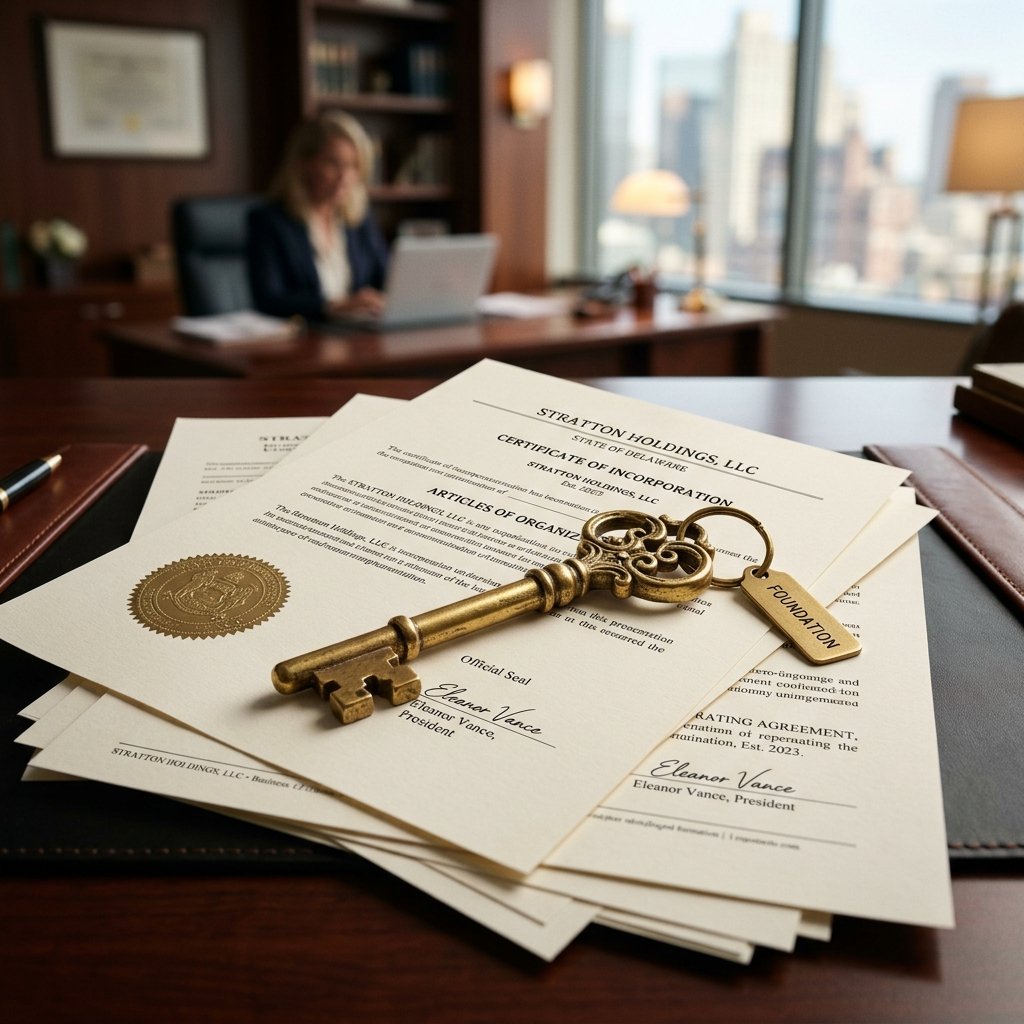 Cinematic hero image of a golden key resting on top of official-looking business formation documents