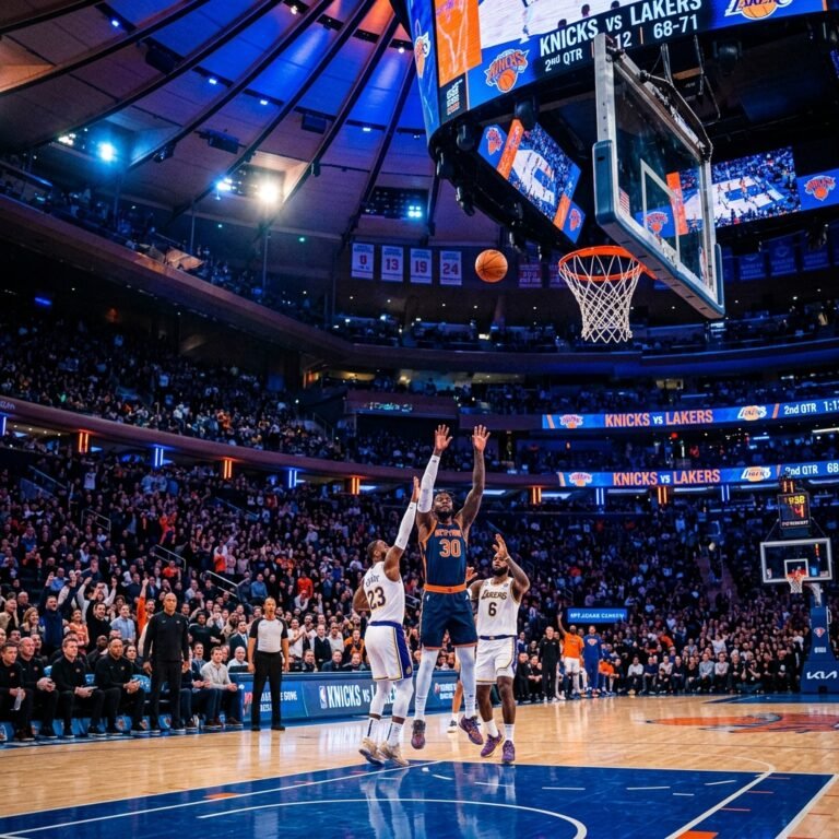A high-action cinematic wide shot of an NBA arena during a game, with glowing digital screens in the