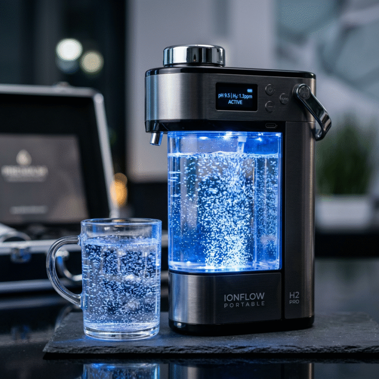 A professional studio shot of a premium portable water ionizer machine with blue LED lights glowing