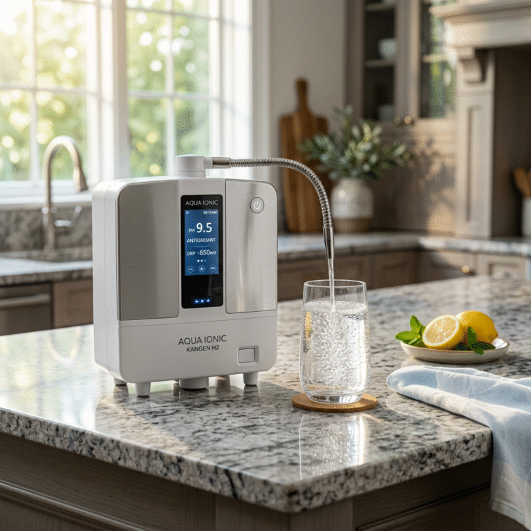 A sleek, modern portable water ionizer machine sitting on a luxury granite countertop next to a glas