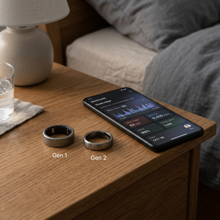 A high-end, minimalist lifestyle shot of two RingConn rings (Gen 1 and Gen 2) placed elegantly on a