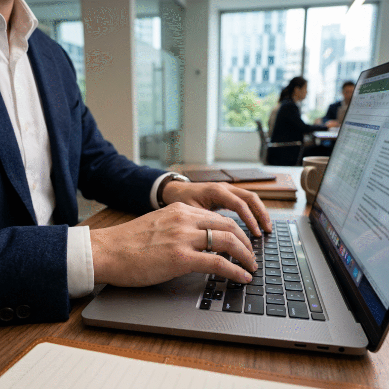 A professional hero shot of a RingConn Gen 1 smart ring being worn by a person typing on a laptop, e