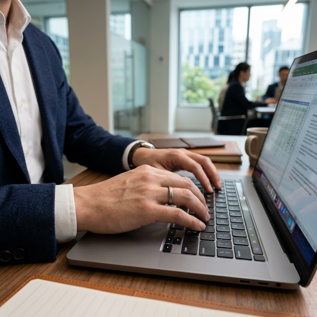 A professional hero shot of a RingConn Gen 1 smart ring being worn by a person typing on a laptop, e