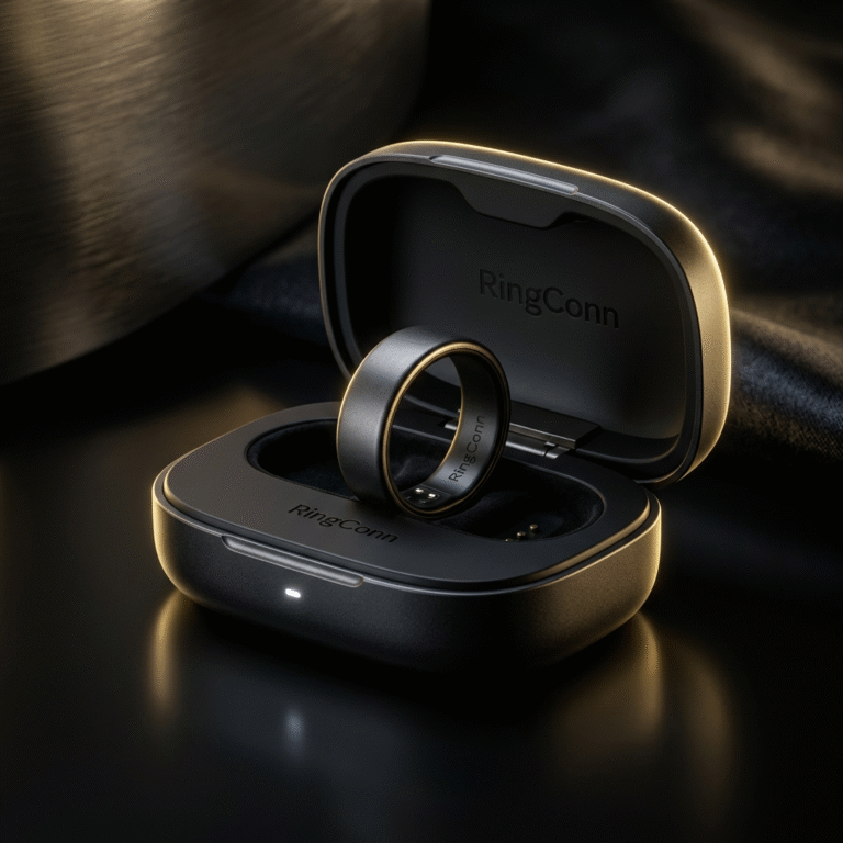A high-end, professional product photography shot of the RingConn Gen 2 sitting on its sleek chargin