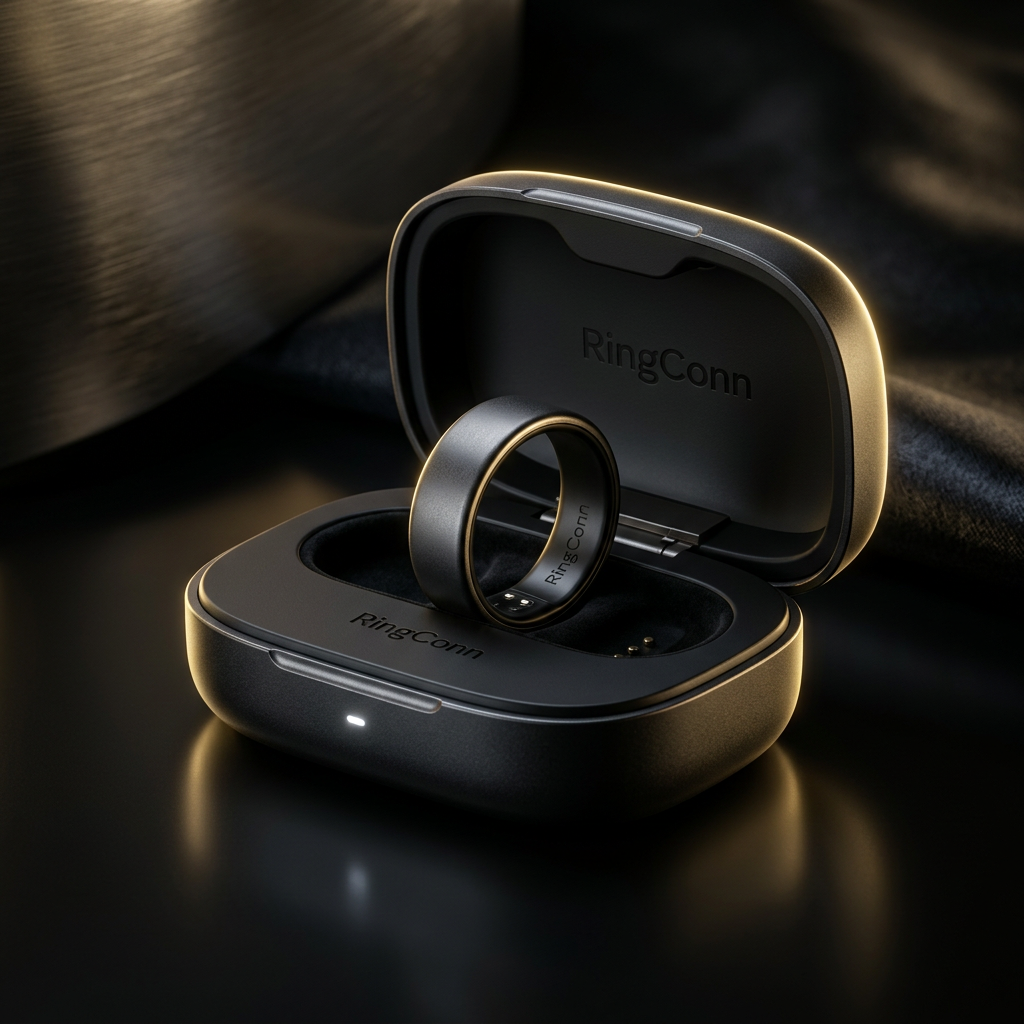 A high-end, professional product photography shot of the RingConn Gen 2 sitting on its sleek chargin