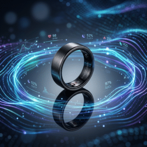 A stunning, high-end product photography shot of a RingConn smart ring reflecting on a glass surface