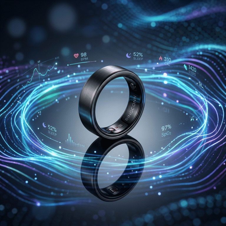 A stunning, high-end product photography shot of a RingConn smart ring reflecting on a glass surface