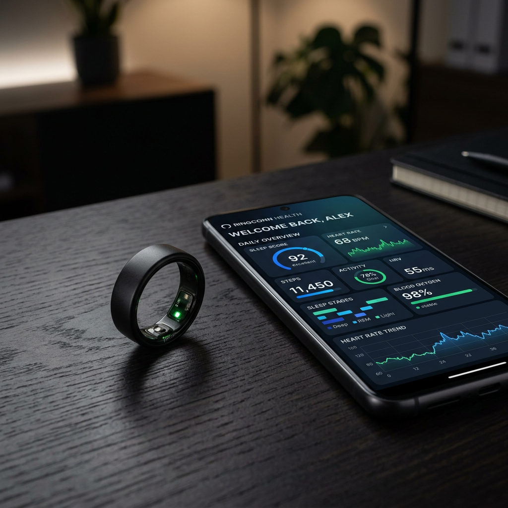 A professional, high-contrast hero image featuring the RingConn Gen 2 in a sleek matte finish, posit