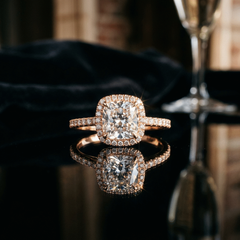 A cinematic, high-fashion hero shot of a rose gold diamond ring reflecting light on a reflective dar