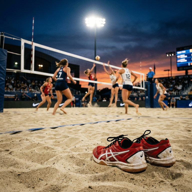 A cinematic, wide-angle shot of a volleyball court with a pair of professional volleyball shoes in t