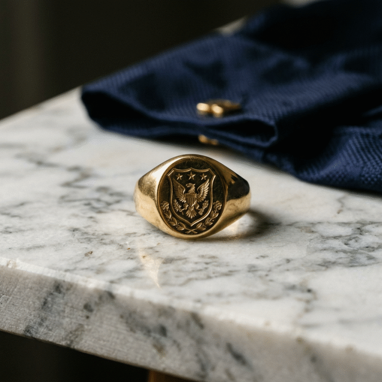 A high-end, editorial style photograph of a solid gold signet ring on a marble surface, surrounded b