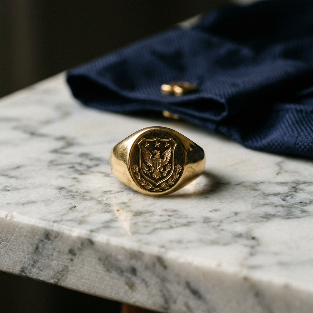 A high-end, editorial style photograph of a solid gold signet ring on a marble surface, surrounded b