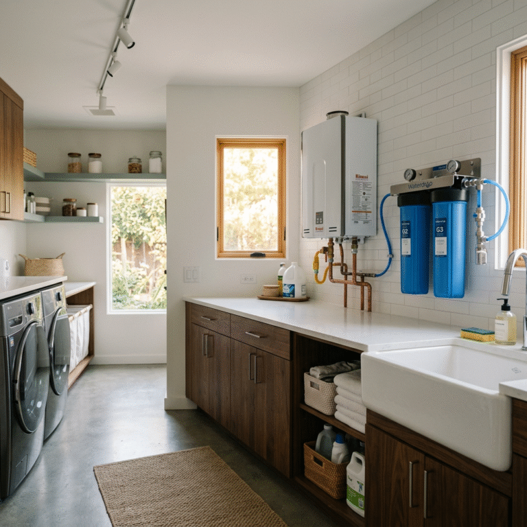 Cinematic wide shot of a modern utility room featuring a tankless water heater and a professional Wa