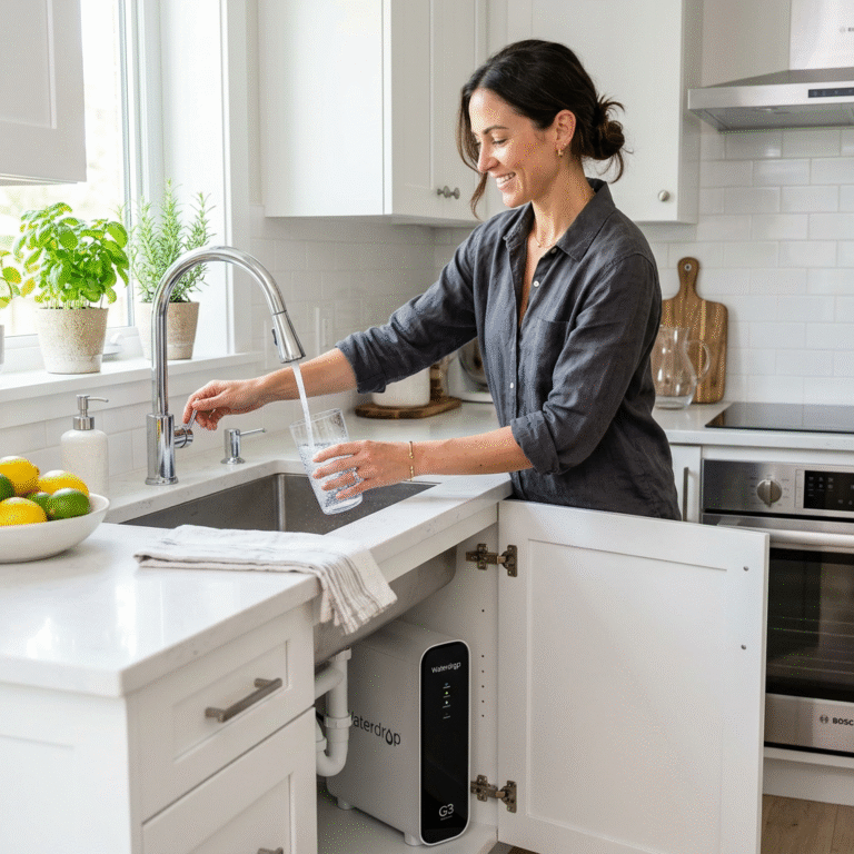 A premium lifestyle shot of a modern kitchen with a sleek Waterdrop filtration system installed unde