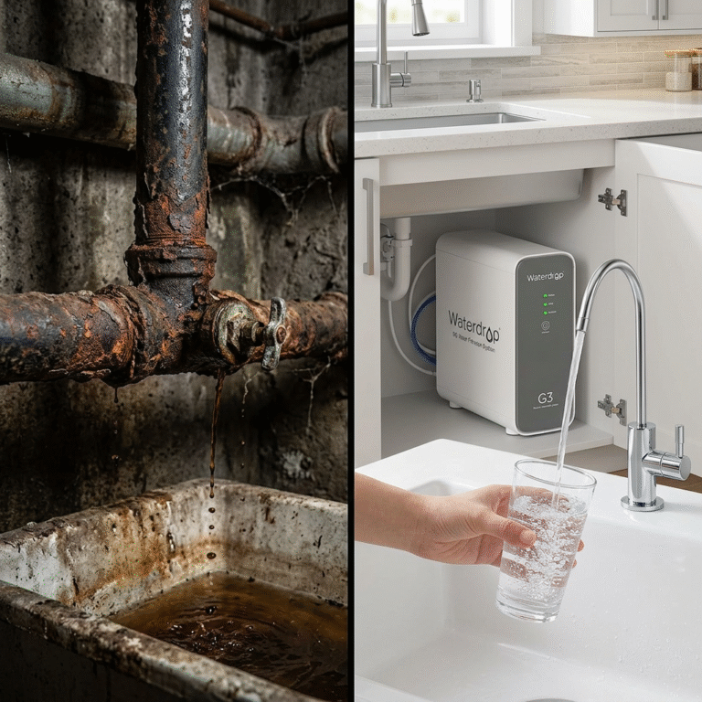 A professional split-screen image: on the left, a rusty old pipe dripping discolored water; on the r