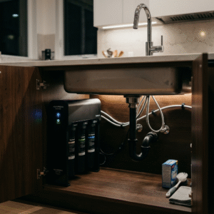 A cinematic shot of a sleek, black tankless water filtration system installed under a clean, modern