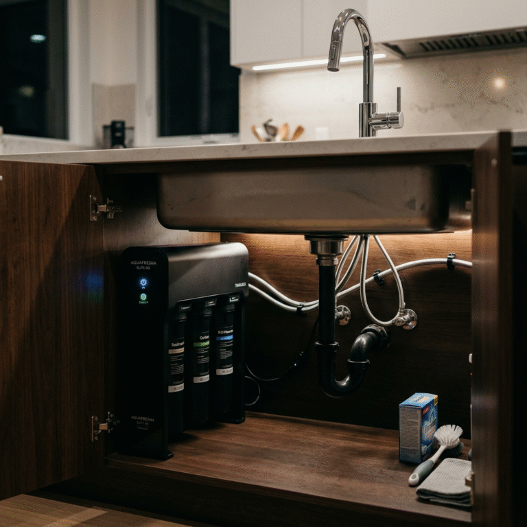 A cinematic shot of a sleek, black tankless water filtration system installed under a clean, modern