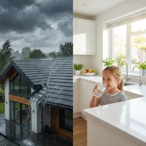 A beautiful split-screen image: on the left, a dark rain storm over a modern house roof; on the righ