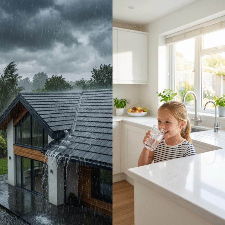 A beautiful split-screen image: on the left, a dark rain storm over a modern house roof; on the righ