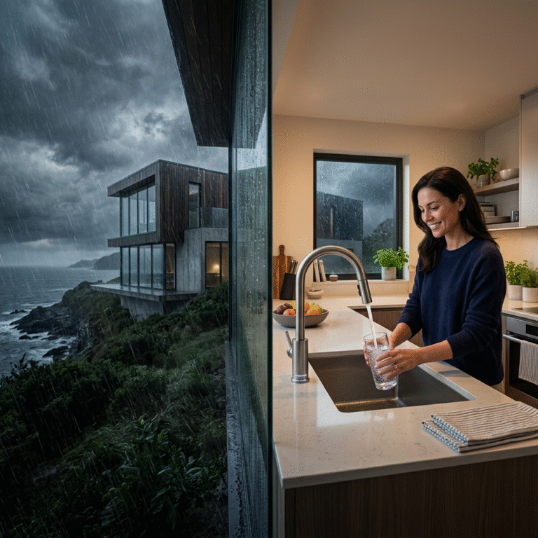 A dramatic wide shot of a modern house during a rainstorm, transitioning into a clean, bright interi