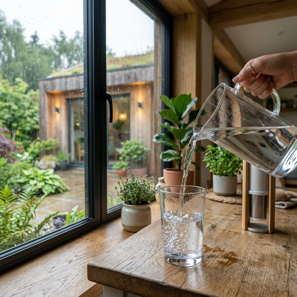 A high-end, realistic photo of clean water being poured into a glass, with a background showing a mo