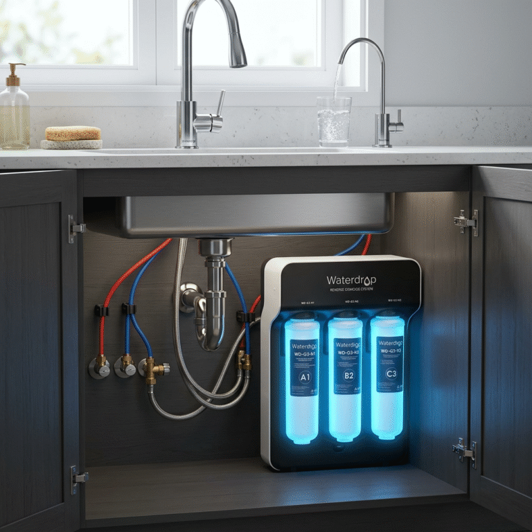 A professional, high-resolution hero image of a Waterdrop water filtration system installed under a